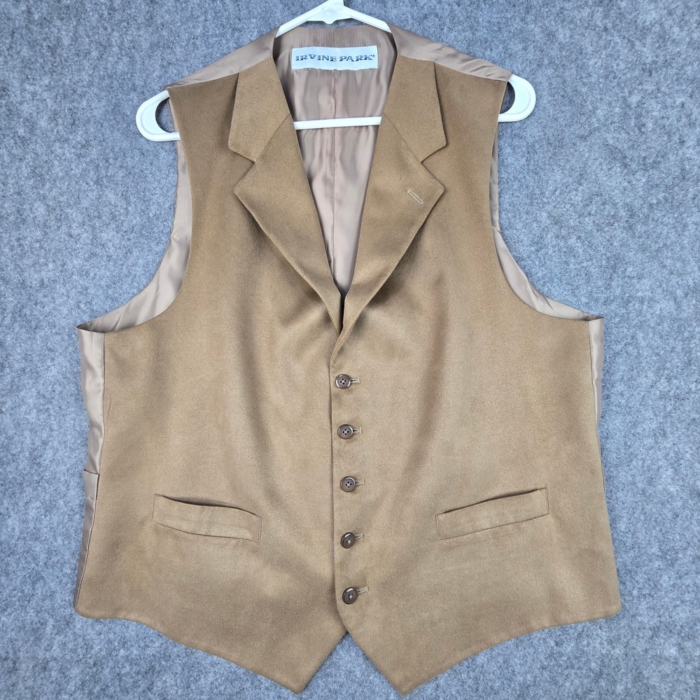Irvine Park Vest Mens 40 RG Tan Faux Suede Waistcoat Notched Lapel 5-Button